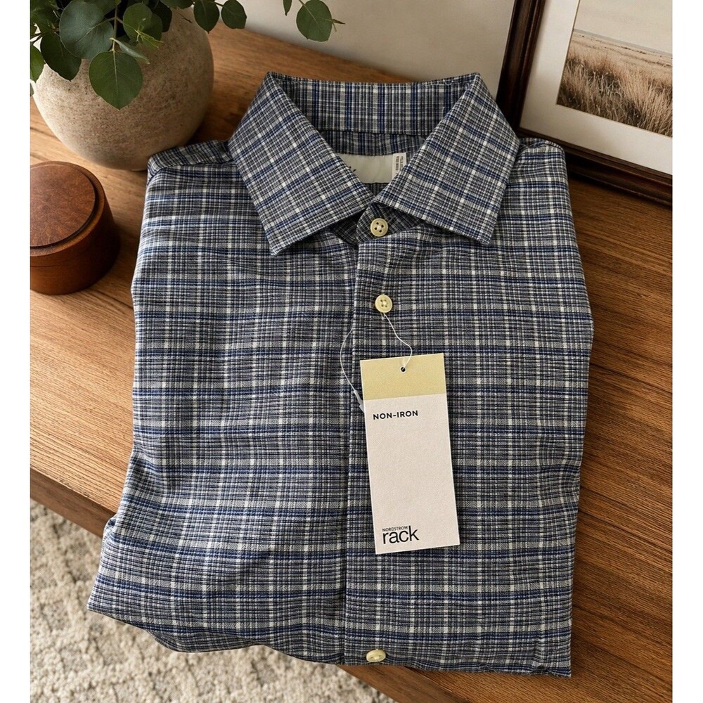 Nordstrom Non Iron Long Sleeve Blue Navy Leroy Plaid L S Shirt Mens Size 15 NWT